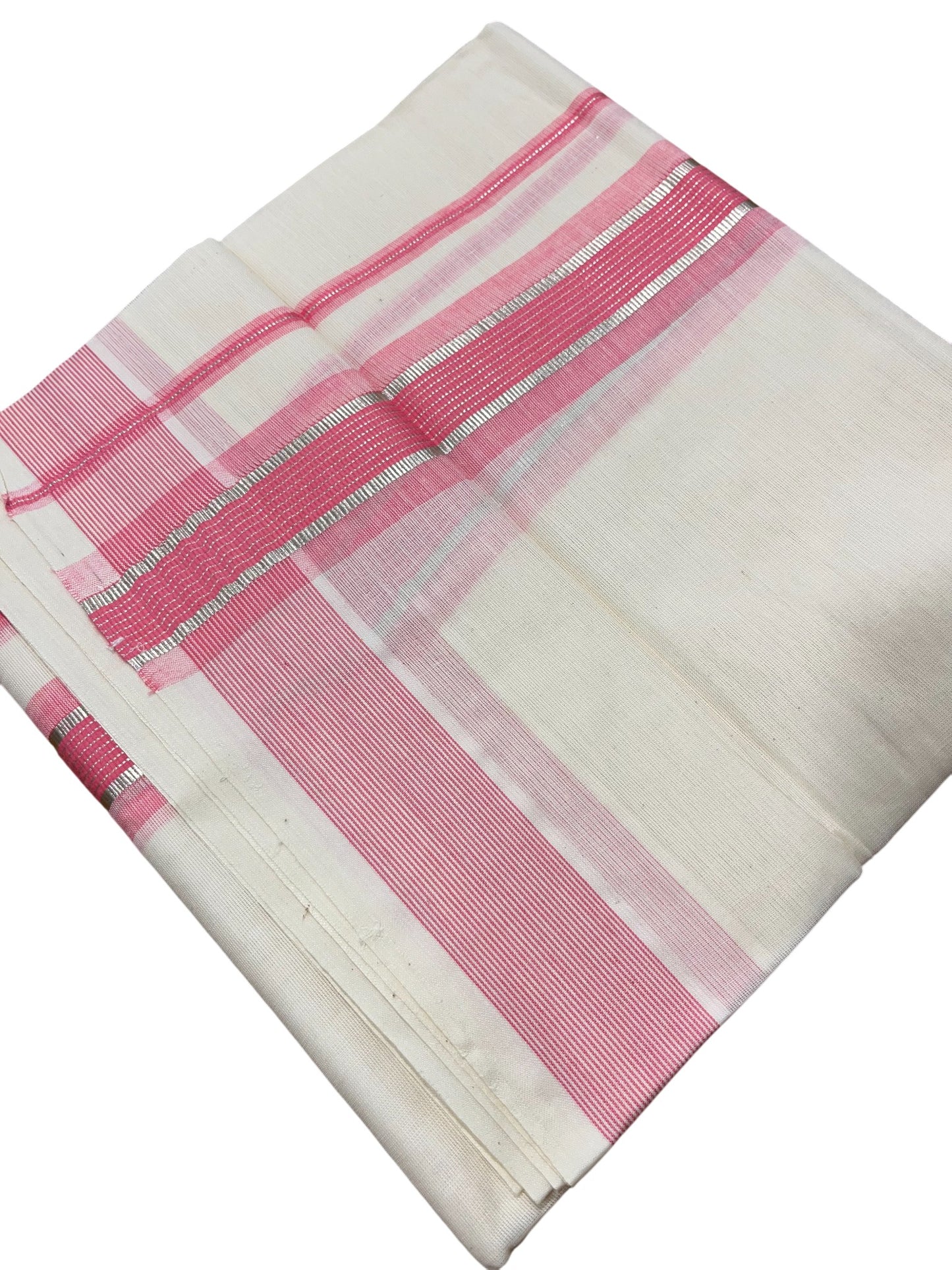 Southloom Kerala Pure Cotton Double Mundu with Silver Lines & Pink Border (South Indian Dhoti)