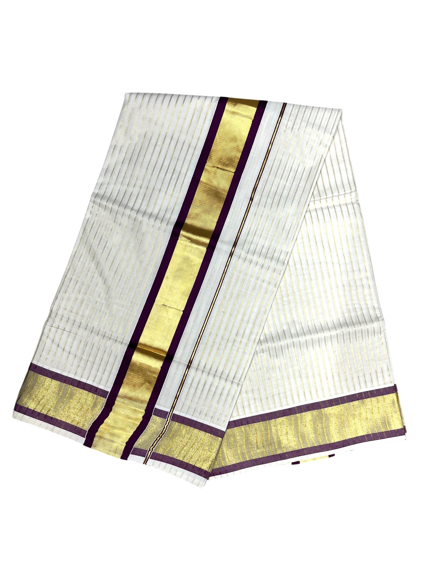 Southloom Pure Cotton Kerala Saree with Gold Kasavu Lines Across Body and purple Border