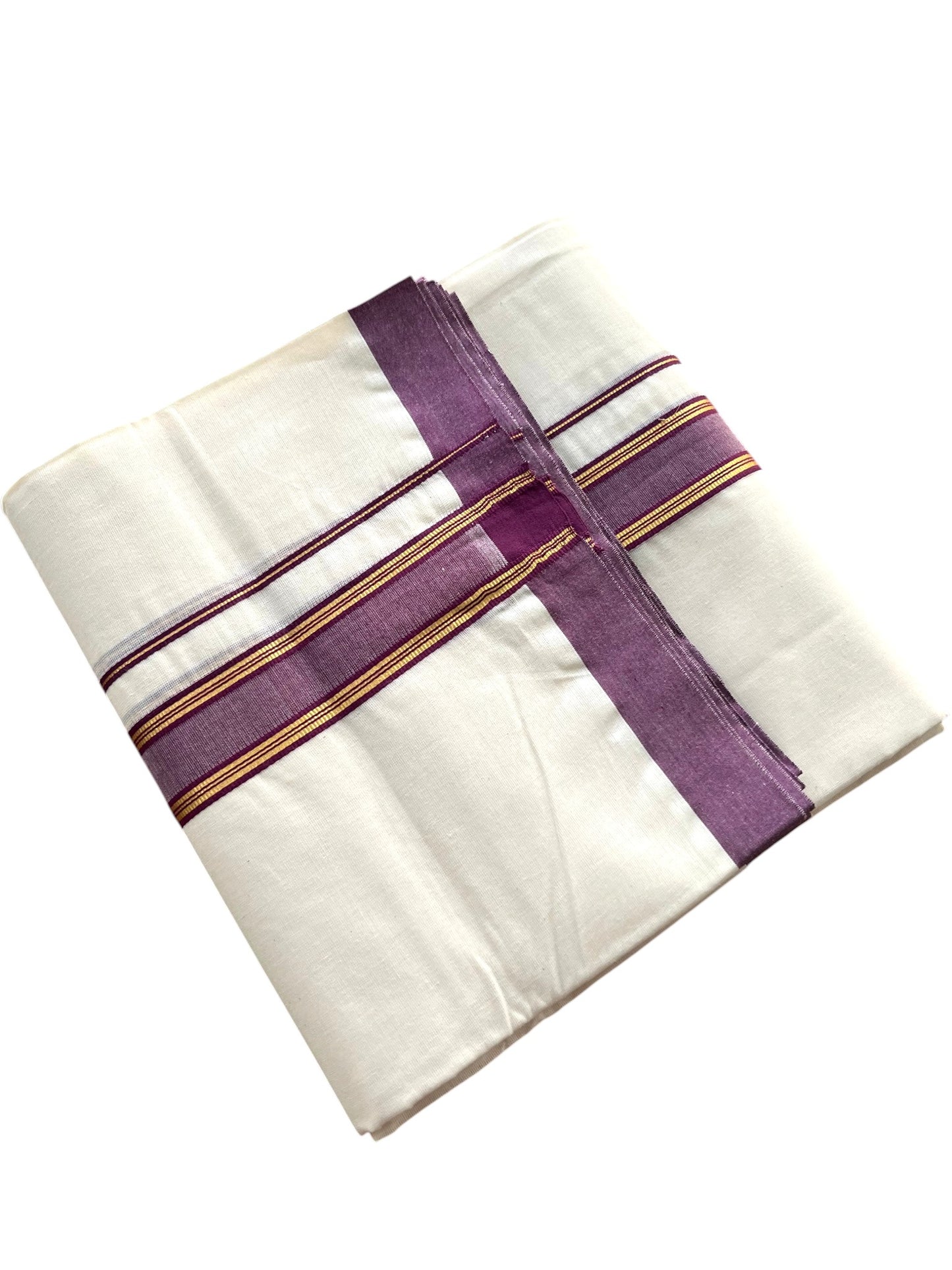 Southloom Pure Cotton Mundu with Golden Lines and Purple Border (South Indian Kerala Dhoti)