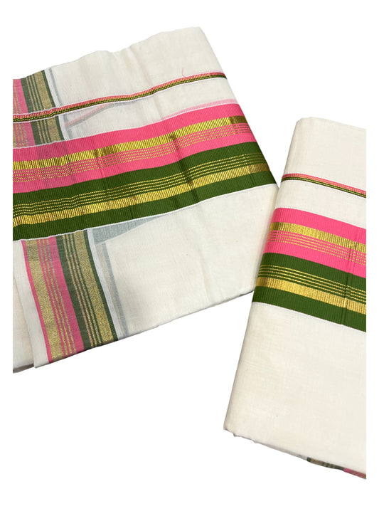 Kerala Cotton Kasavu Set Mundu (Mundum Neriyathum) with Pink and Green Border