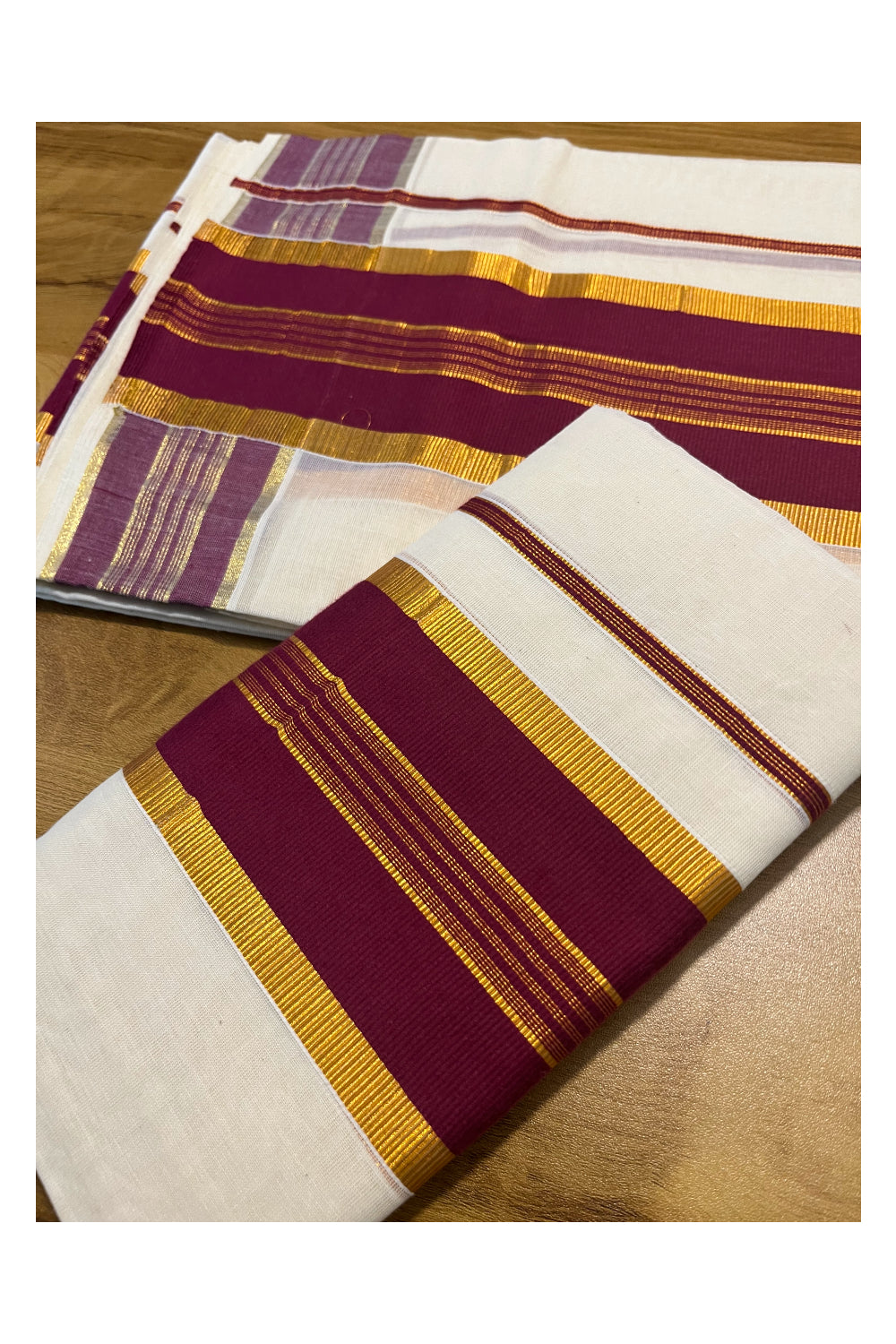 Kerala Cotton Set Mundu (Mundum Neriyathum) with Kasavu and Dark Magenta Border