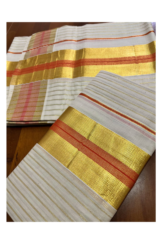 Kerala Cotton Set Mundu Single (Mundum Neriyathum) with Kasavu Lines on Body and Orange Border 2.80 Mtrs