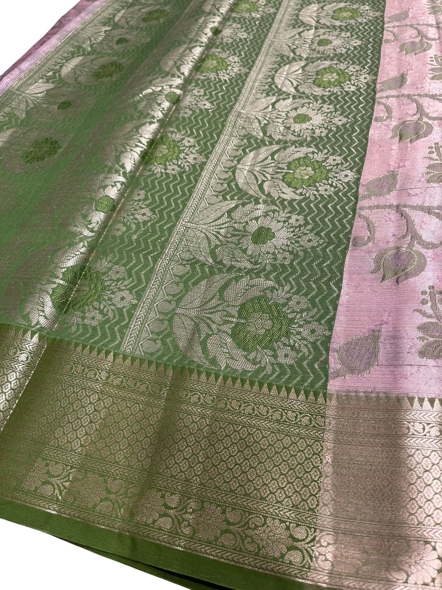 Southloom Tissue Silk Saree with Woven Work on Body and Borders (Pink & Green)