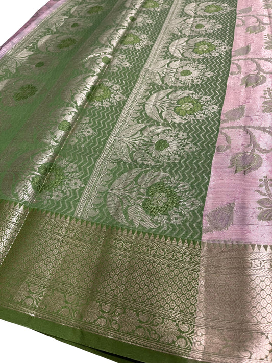 Southloom Tissue Silk Saree with Woven Work on Body and Borders (Pink & Green)