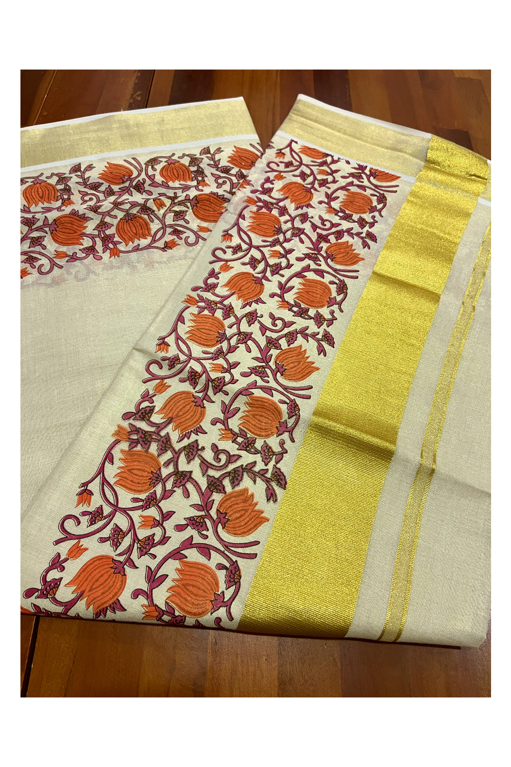 Southloom Jaipur Artisans & Kerala Weavers Collab Orange Floral Printed Tissue Kasavu Saree (Vishu Collection 2024)