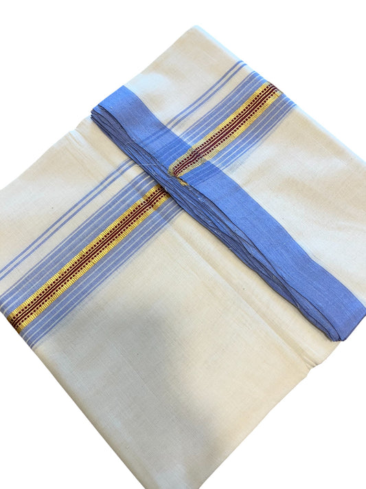 Southloom Premium Handloom Cotton Double Mundu with Gold and Blue Border