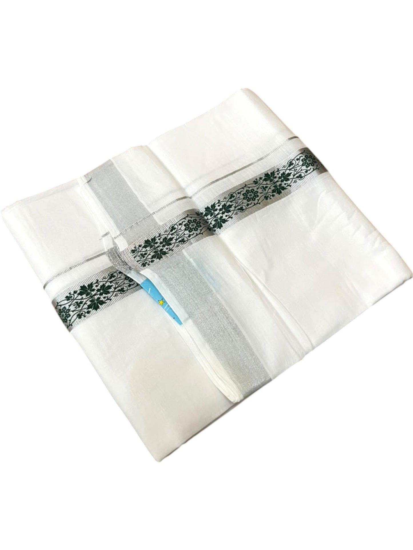 Southloom Pure White Cotton Mundu with Green and Silver Kasavu Border (South Indian Kerala Dhoti)