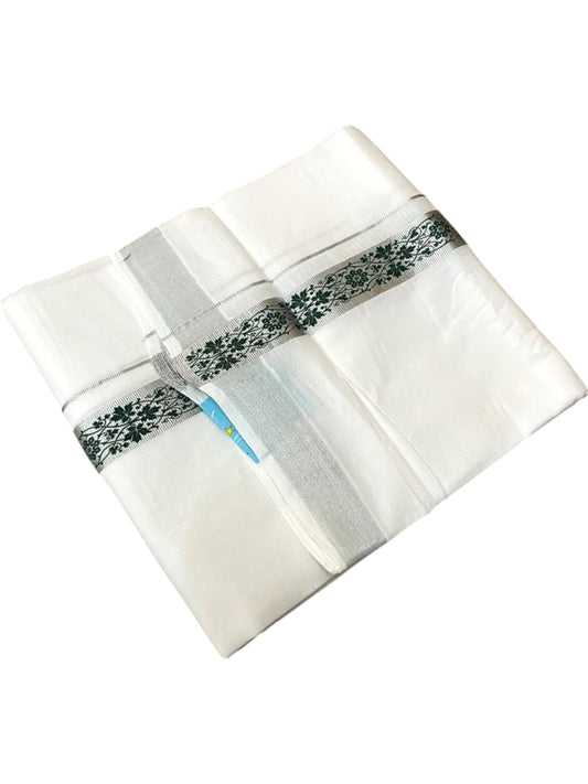 Southloom Pure White Cotton Mundu with Green and Silver Kasavu Border (South Indian Kerala Dhoti)