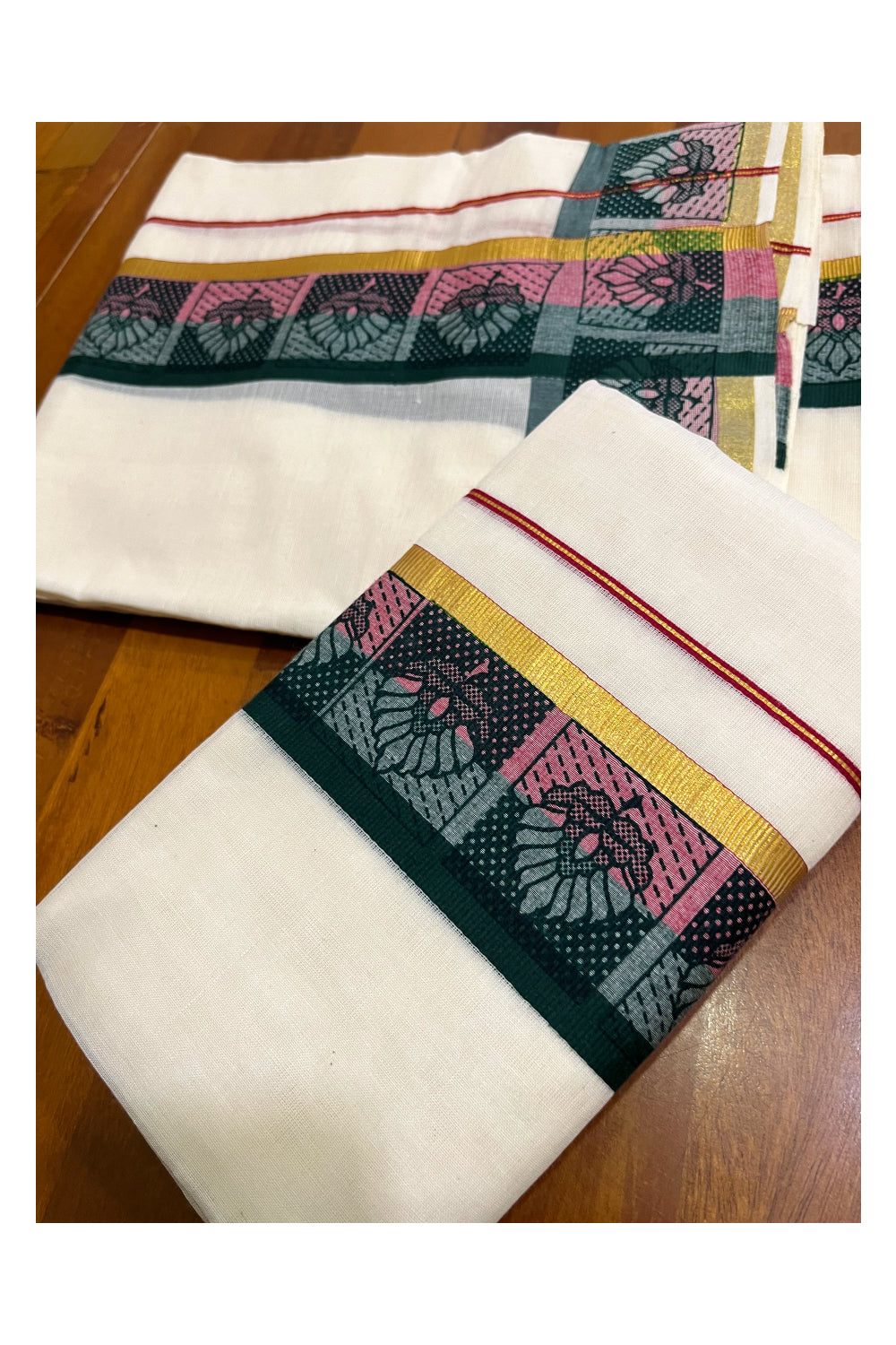 Kerala Cotton Kasavu Single Set Mundu (Mundum Neriyathum) with Pink and Green Kara and Block prints