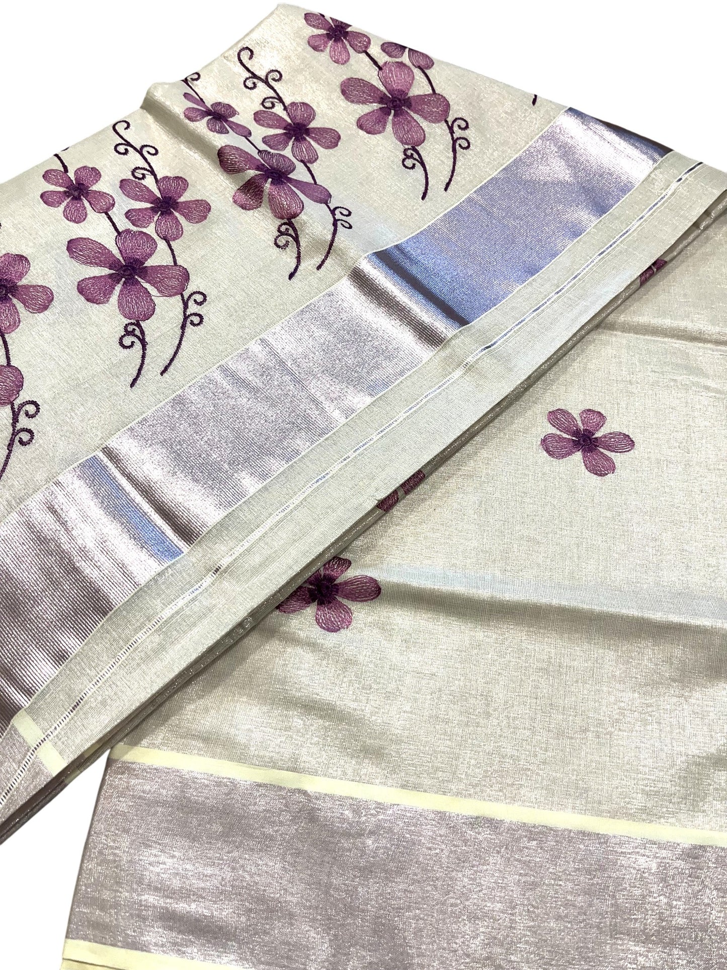Southloom Kerala Tissue Kasavu Saree with Lavendar Floral Embroidery on Body and Border