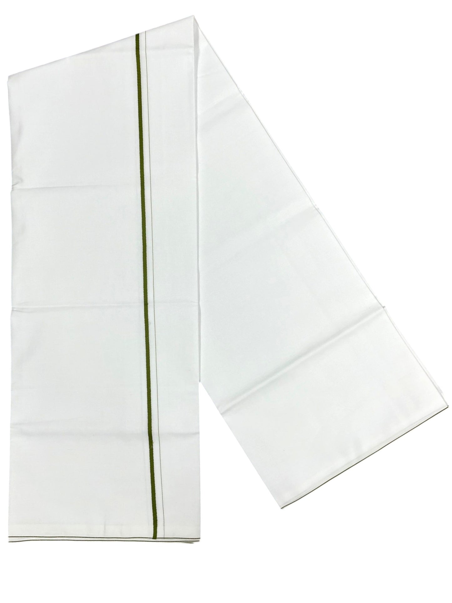 Southloom Pure White Cotton Single Eerkkil Kara Mundu with Olive Green Border (South Indian Kerala Dhoti)