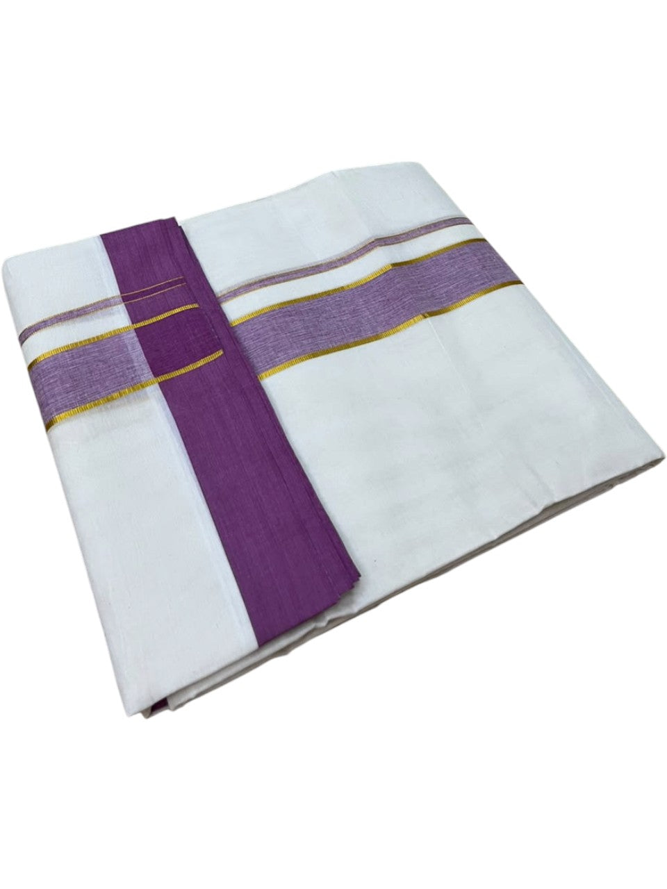 Southloom Pure Cotton Mundu with Siver Lines and Lavender Border (South Indian Kerala Dhoti)