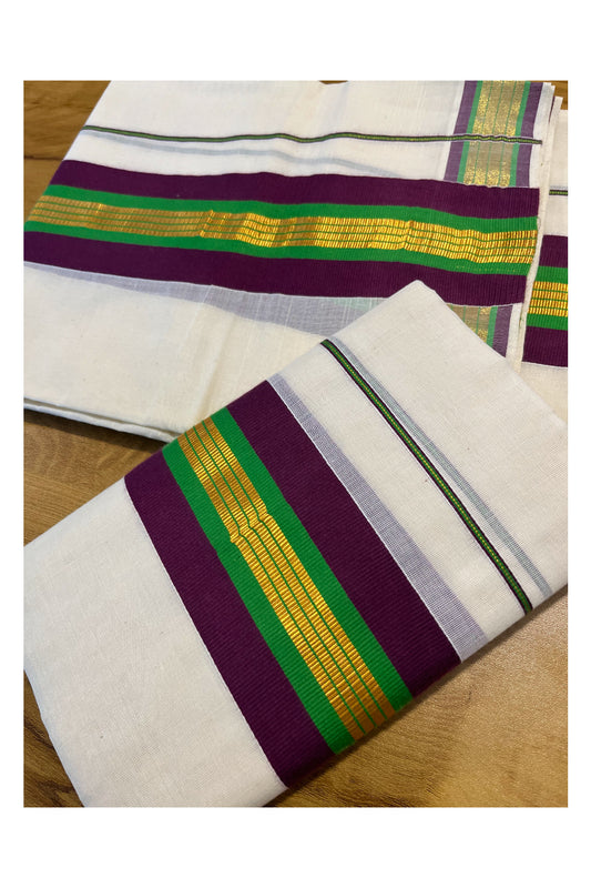 Kerala Cotton Kasavu Set Mundu (Mundum Neriyathum) with Purple and Green Border 2.80 Mtrs