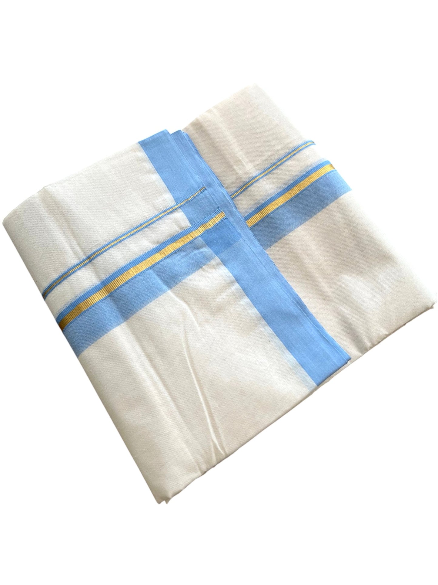 Southloom Pure Cotton Mundu with Golden Lines and Blue Border (South Indian Kerala Dhoti)