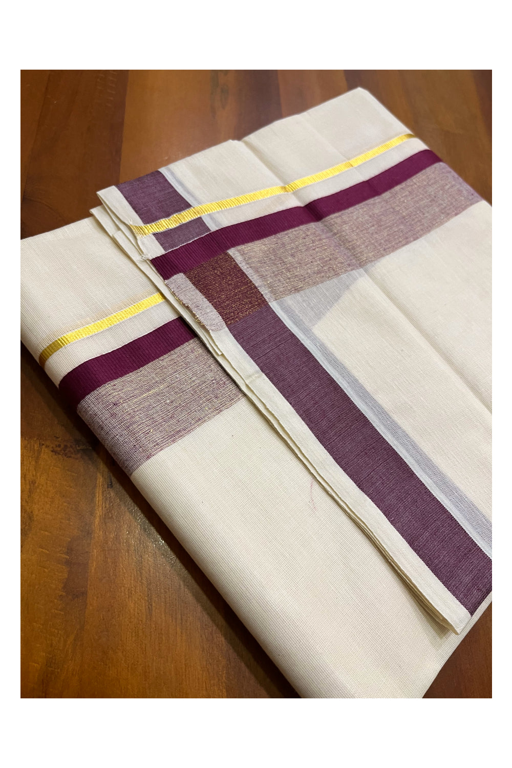 Kerala Pure Cotton Double Mundu with Purple and Kasavu Border (South Indian Kerala Dhoti)