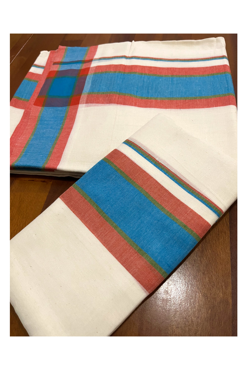 Pure Cotton Mundum Neriyathum Double (Set Mundu) with Blue and Red Border