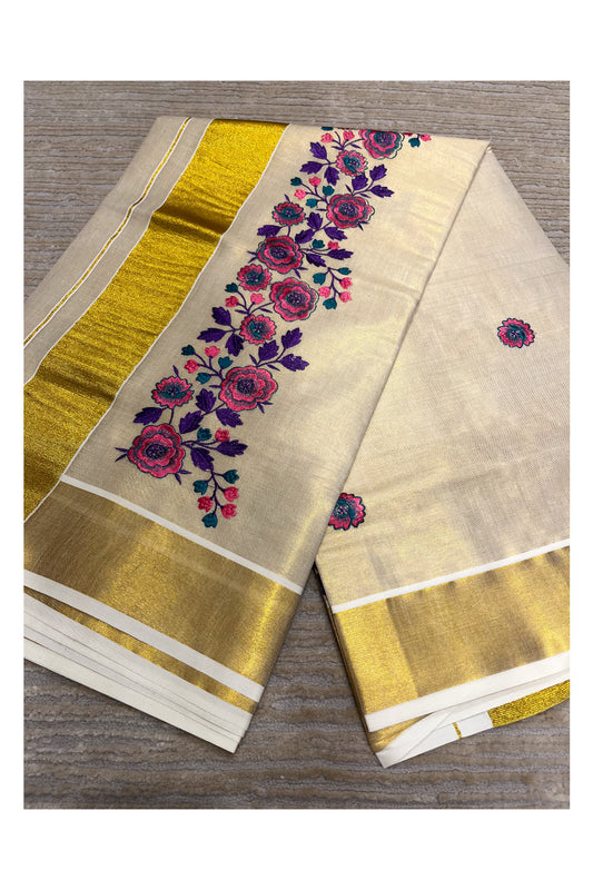 Southloom Tissue Kerala Kasavu Saree with Floral Embroidery Design