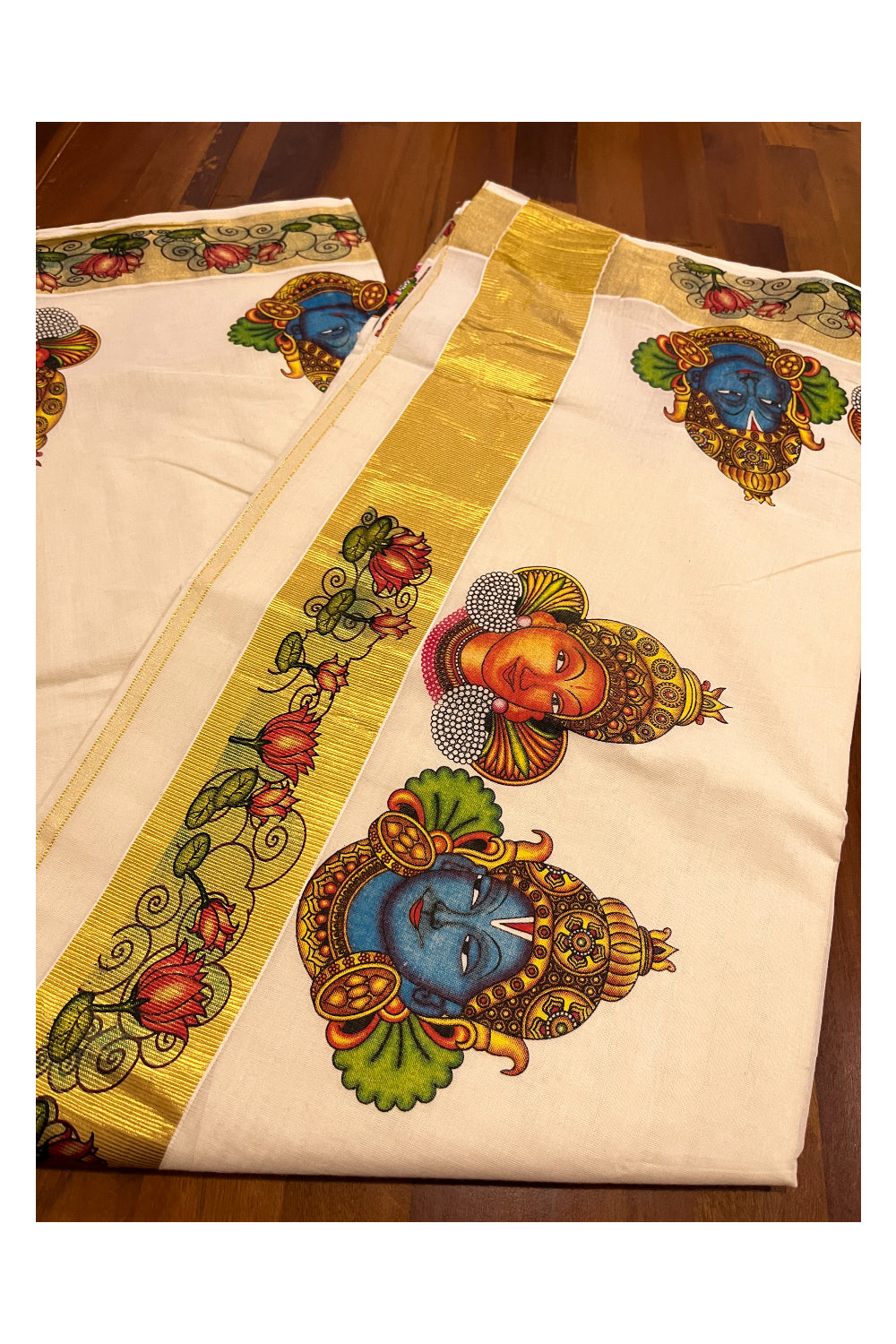 Pure Cotton Kerala Kasavu Saree with Mural Printed Krishna Radha and Lotus Design