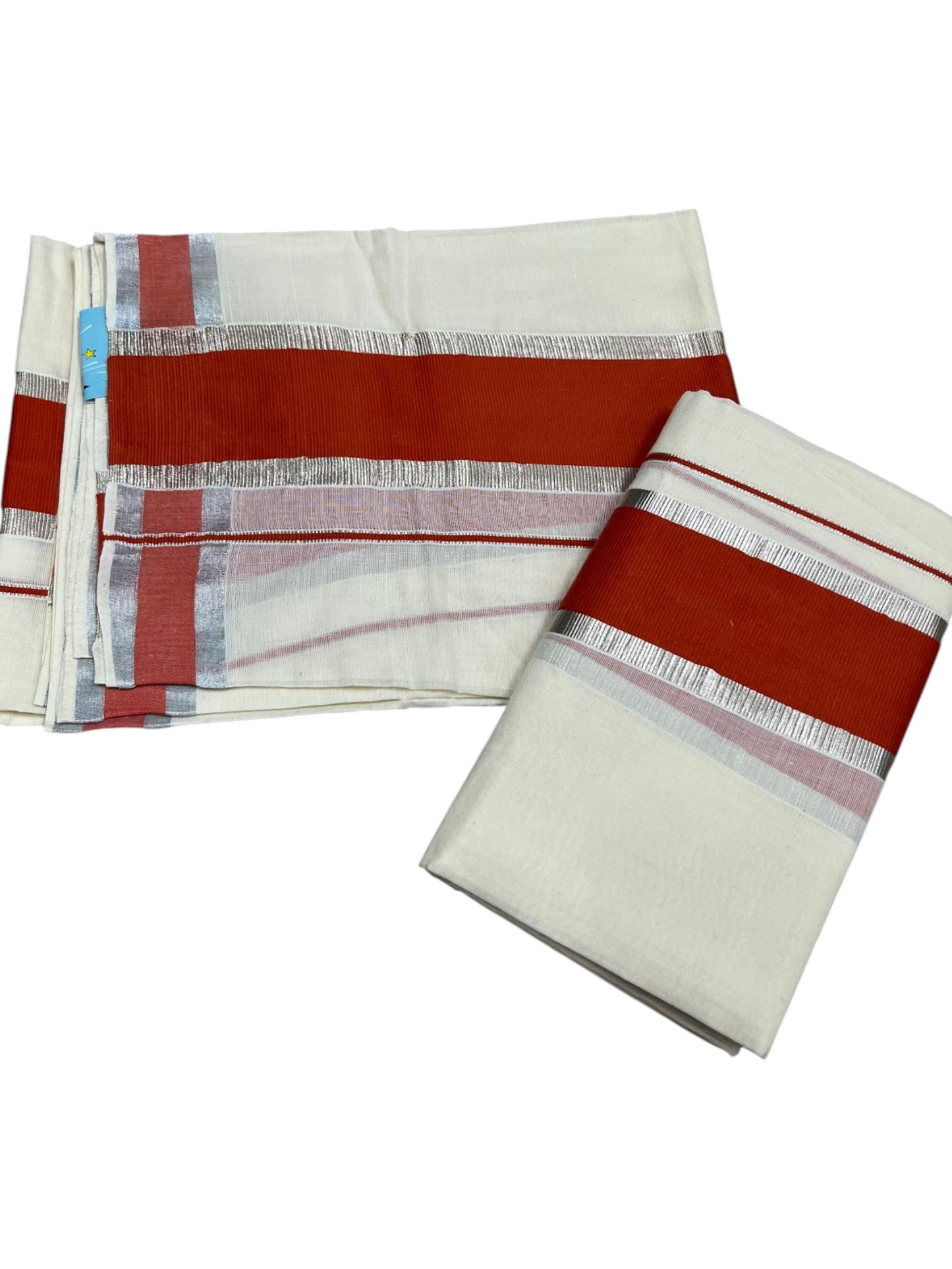 Kerala Cotton Mundum Neriyathum Single (Set Mundu) with Dark Orange and Silver Kasavu Border 2.80 Mtrs  SLKK SL470