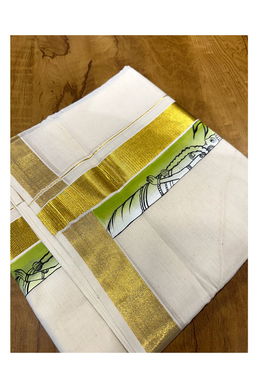 Kerala Pure Cotton Double Mundu with Mural Painted Design on Kasavu Border (South Indian Kerala Dhoti)