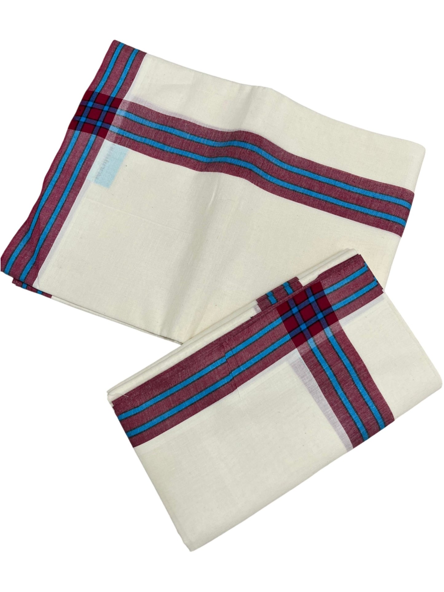 Southloom Pure Cotton Kerala Single Mulloth Set Mundu (Mundum Neriyathum) Maroon And Blue Border in 2.80 mtrs SL243