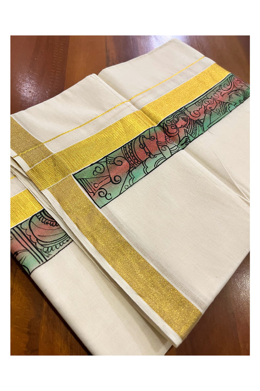 Pure Cotton Kerala Double Mundu with Hand Painted Designs on Kasavu Border (Vishu Collection 2024)