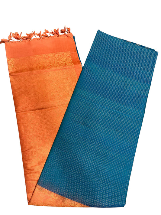 Southloom Pure Handloom Kanchipuram Silk Saree with Korvai Work (Peach & Blue)