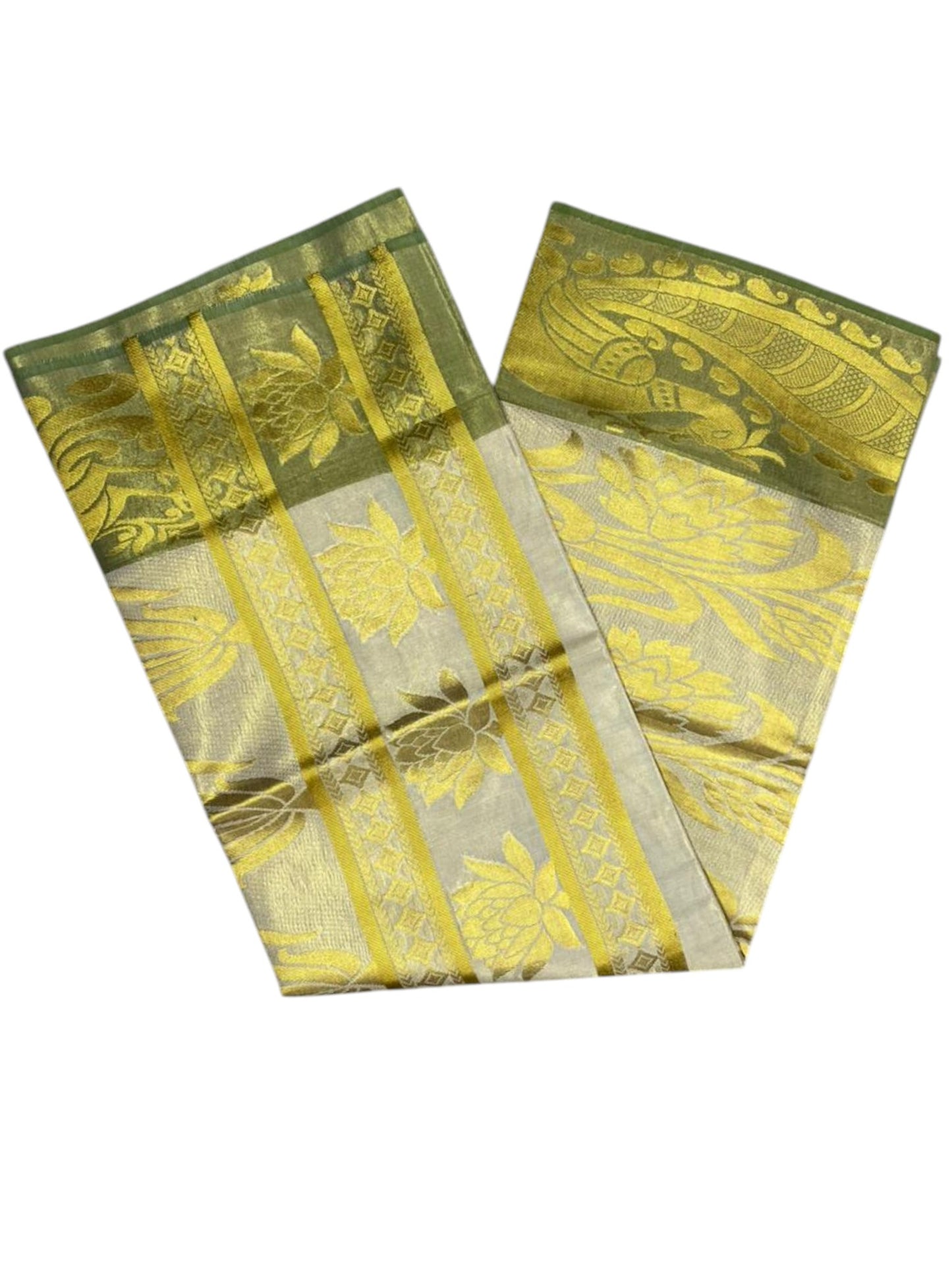 Southloom  Kerala Tissue Kasavu Heavy Work Saree with Peacock Design And Olive Green Border SL483