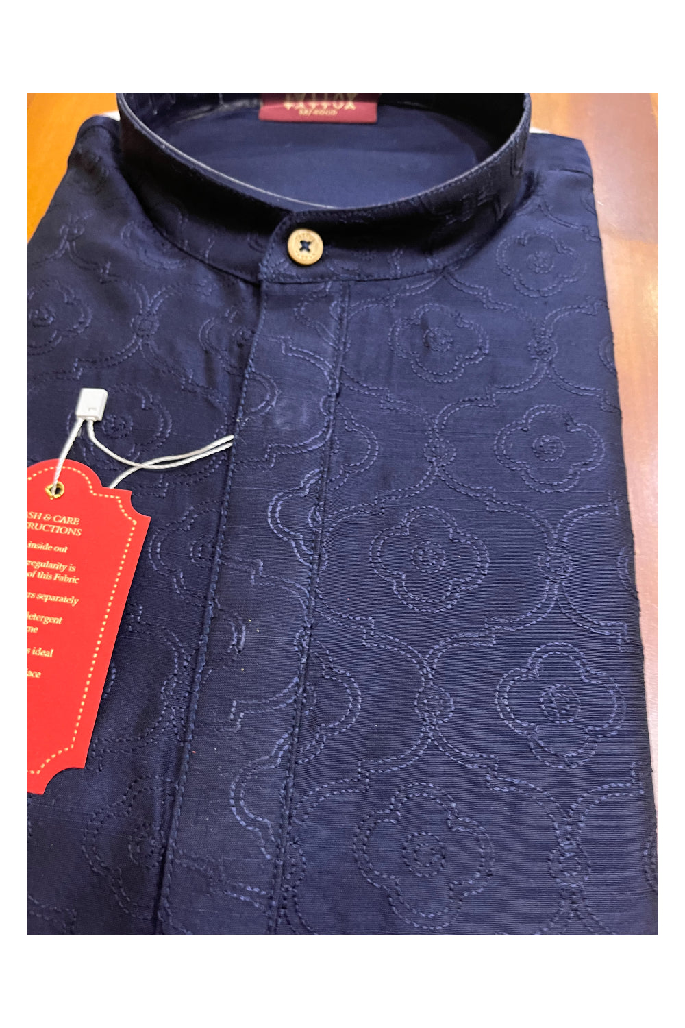 Southloom Navy Blue Embroidered Semi Silk Short Kurta for Men