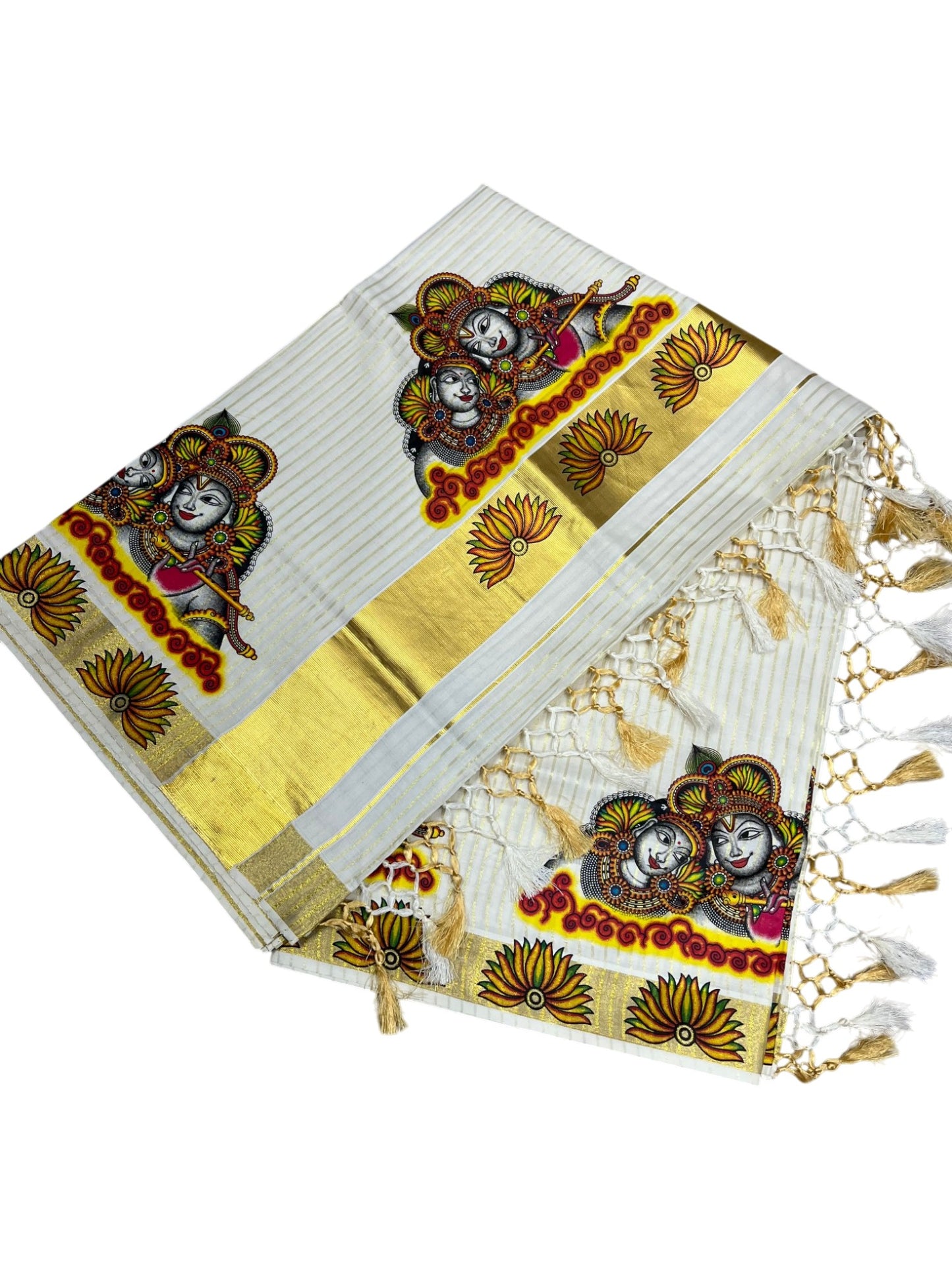 Southloom Pure Cotton Kerala Kasavu Lines Saree with Krishna Radha Mural Printed Art Design and Printed Border