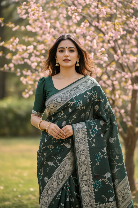 Southloom Pure Banarasi Silk Saree with Woven Work on Body and Borders (Green)