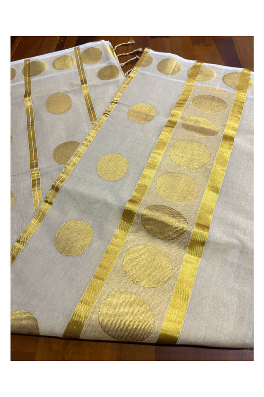 Southloom Premium Handloom Tissue Kasavu Saree Polka Woven Designs on Border