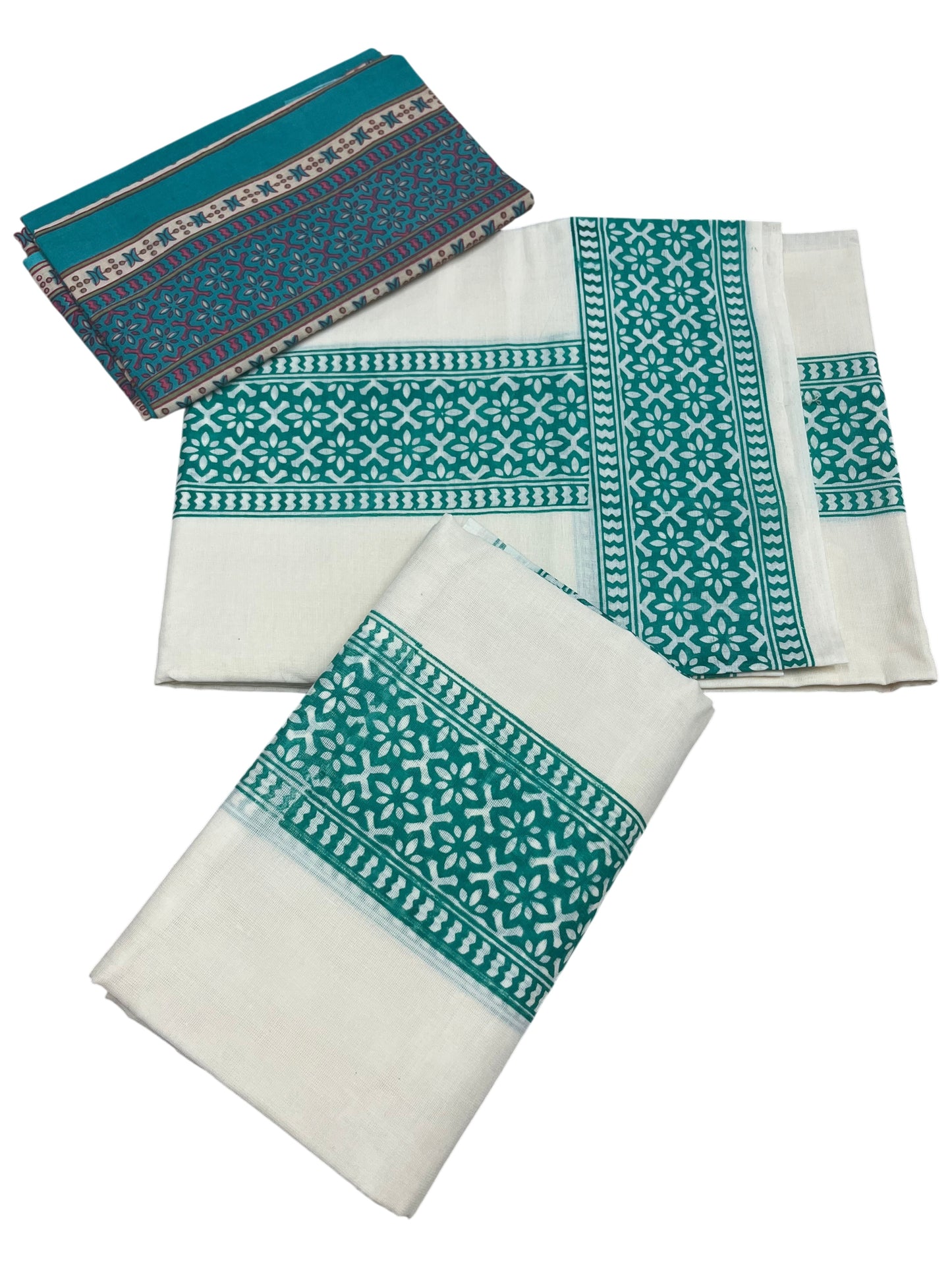 Southloom Green Block Printed Set Mundu with Blouse Piece 2.80Mtrs