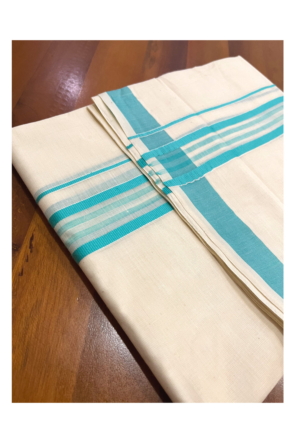 Kerala Cotton Double Mundu with Turquoise Line Border (Onam Mundu 2023)