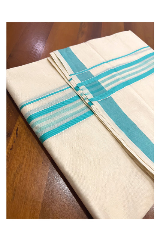 Kerala Cotton Double Mundu with Turquoise Line Border (Onam Mundu 2023)