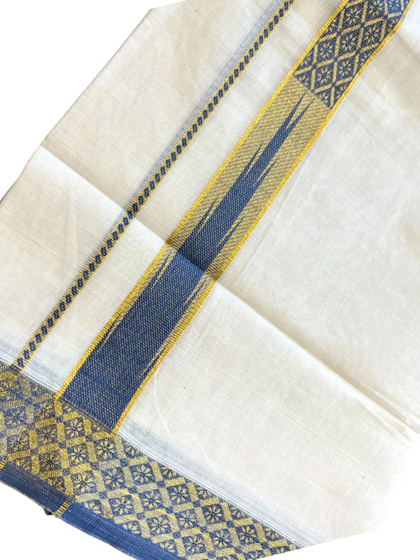 Southloom Kerala Pure Cotton Double Mundu with Kasavu Kara and Blue Border (South Indian Dhoti)