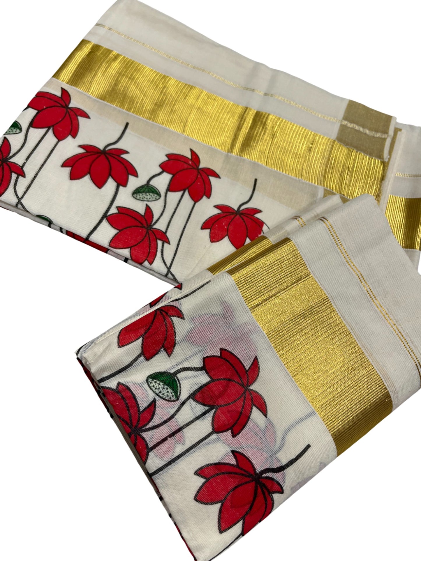 Southloom Kerala Cotton Single Set Mundu (Mundum Neriyathum) with Red Floral Block Printed Design 2.80Mtrs