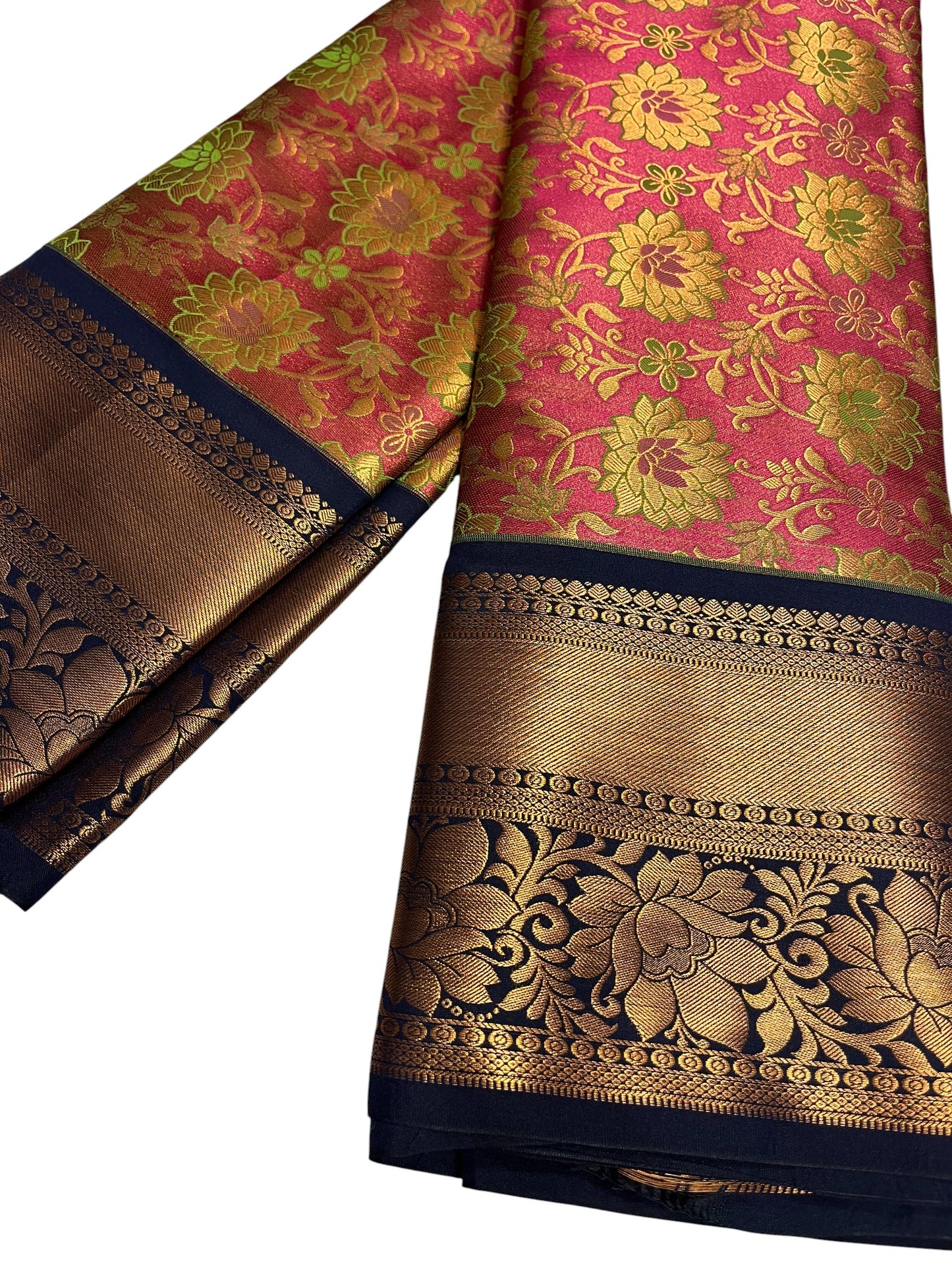 Southloom Banarasi Semi Silk Saree with Floral Zari Work Across Body (Pink & Blue)