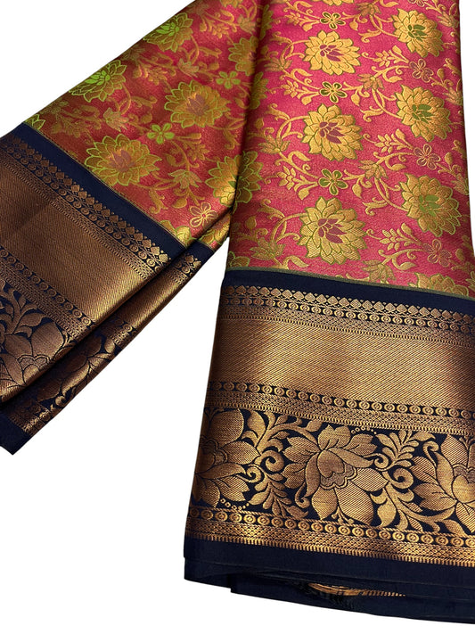 Southloom Banarasi Semi Silk Saree with Floral Zari Work Across Body (Pink & Blue)