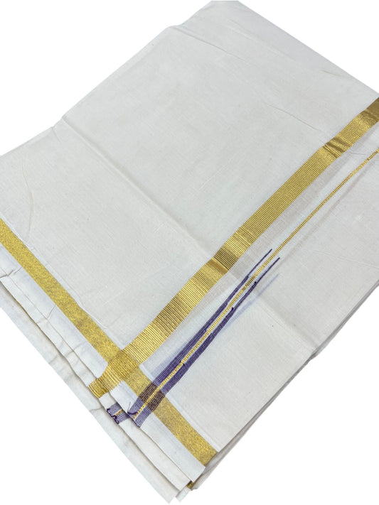 Southloom Kerala Pure Cotton Double Mundu with Gold Kasavu and Violet Chuttikara Border with (South Indian Dhoti)