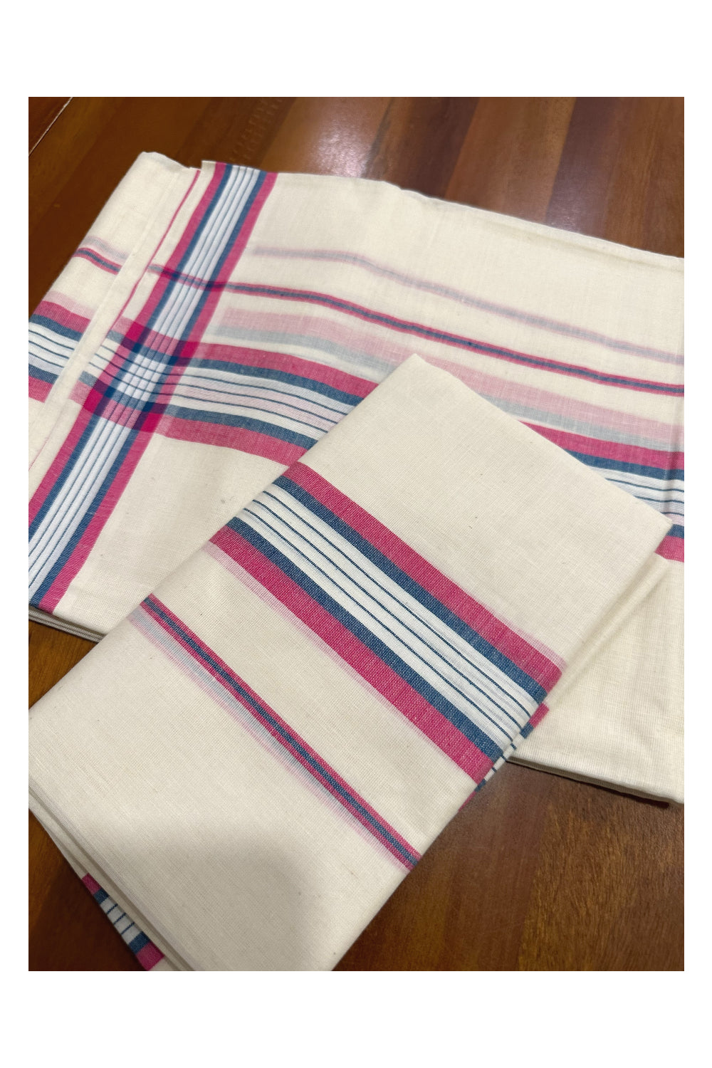 Kerala Mulloth Soft Cotton Mundum Neriyathum Single with Red and Blue Border (Onam Set Mundu 2023)