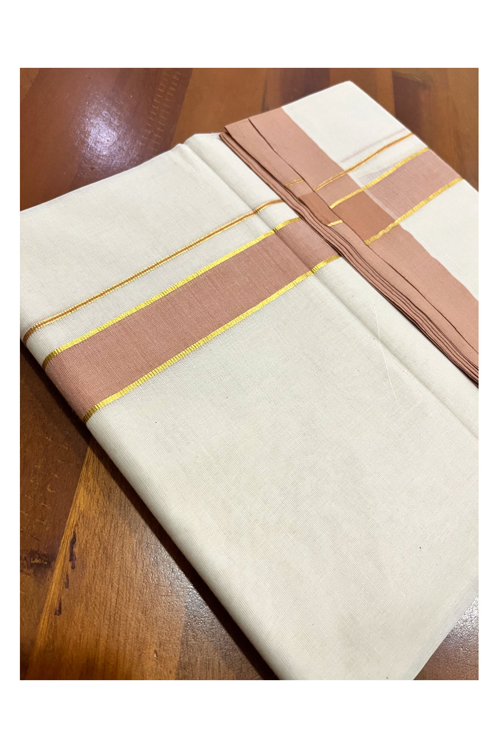 Pure Cotton 100x100 Double Mundu with Light Brown and Kasavu Border (South Indian Kerala Dhoti)