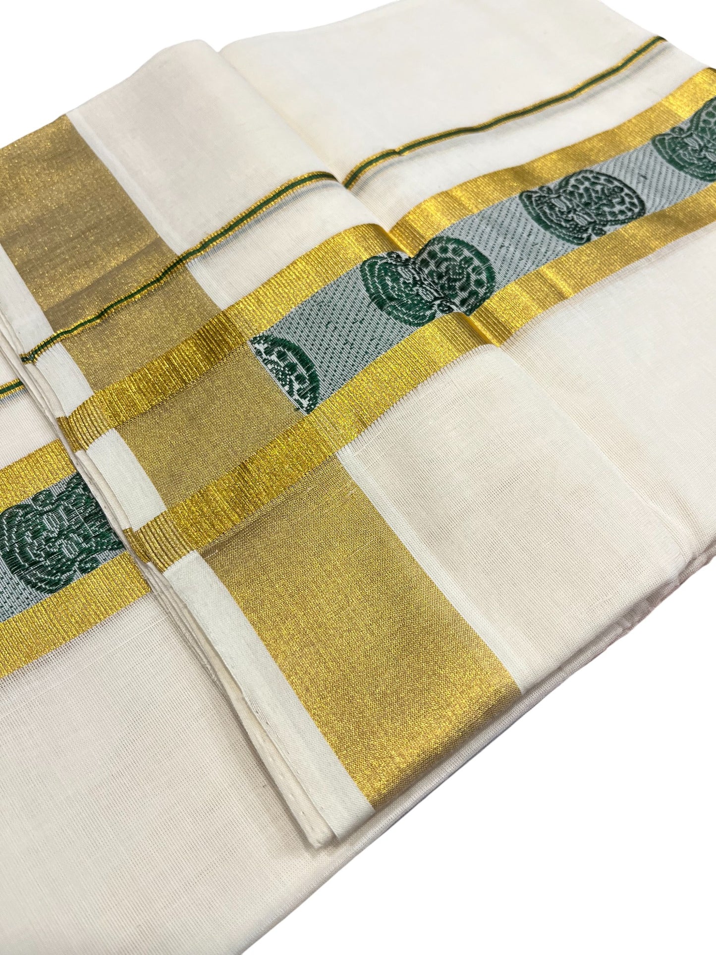 Southloom Premium Handloom Cotton Double Mundu with Gold And Green Woven Work Kasavu Border