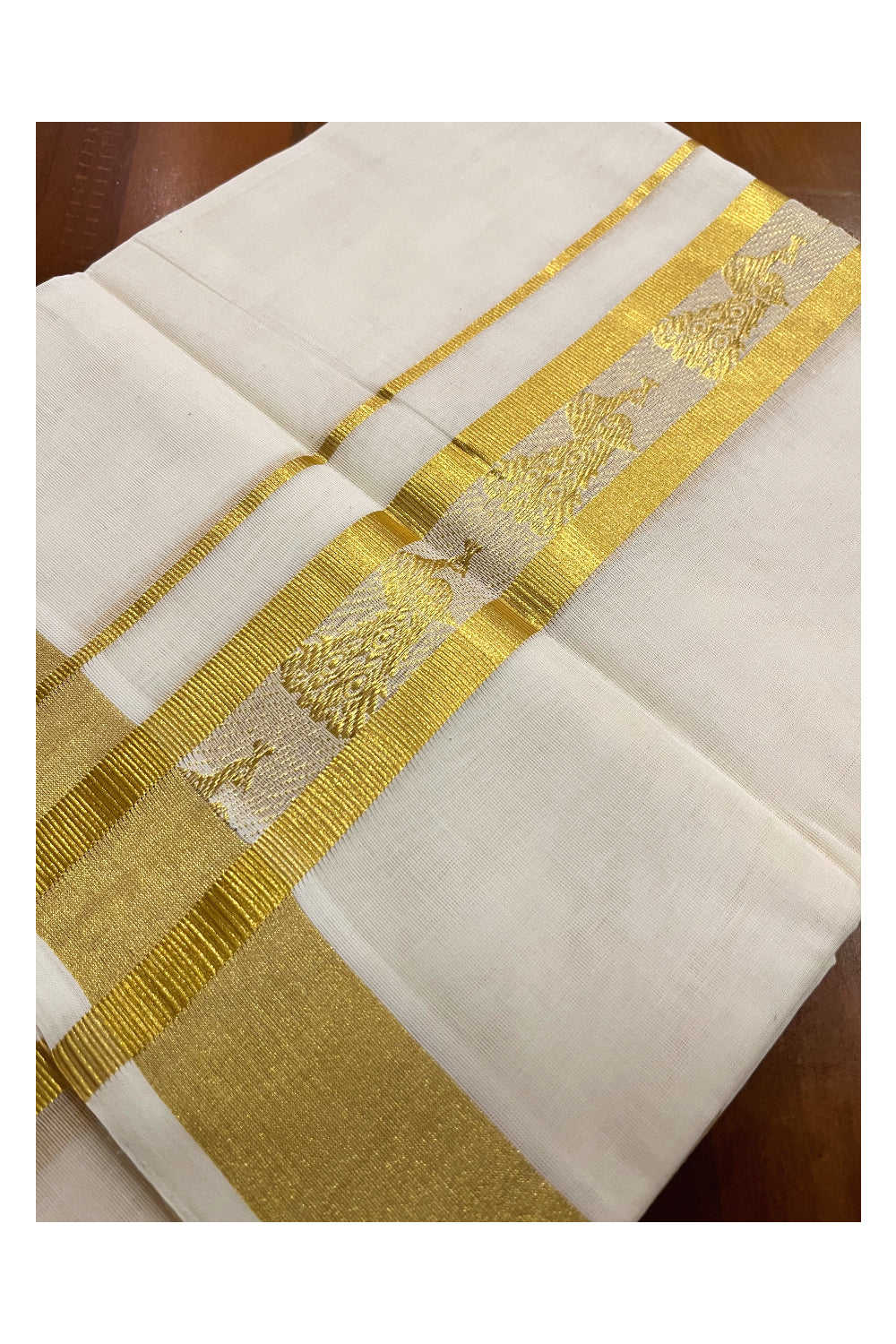 Southloom Premium Handloom Cotton Mundu with Kasavu Peacock Woven Border (South Indian Kerala Dhoti)