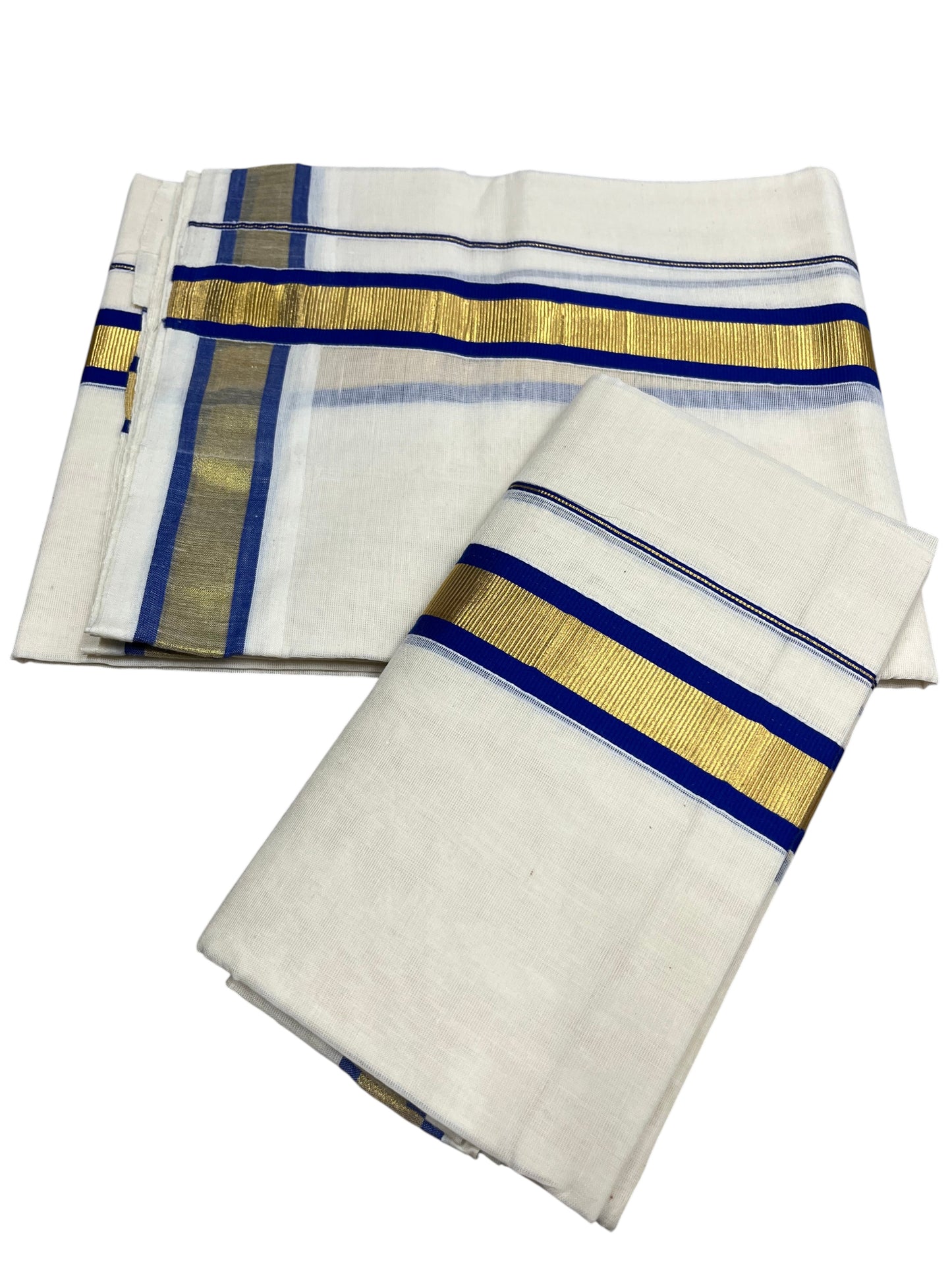Southloom Pure Cotton Kerala Kasavu Set Mundu (Mundum Neriyathum) Gold Kasavu & Blue Border 2.80 Mtrs