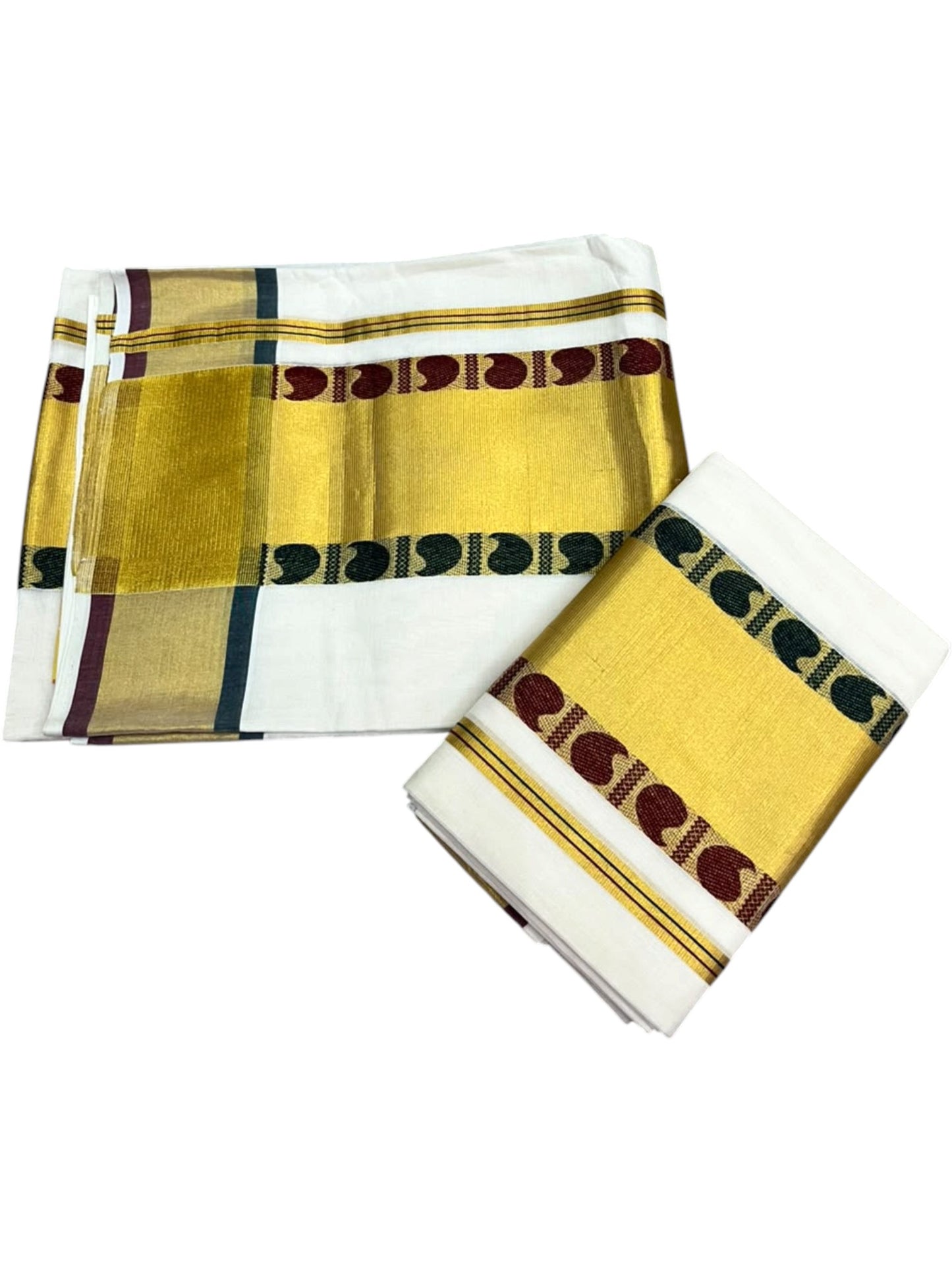 Southloom Premium Handloom Set Mundu with Maroon & Green Border and Kasavu Lines Across Body 2.80 Mtrs