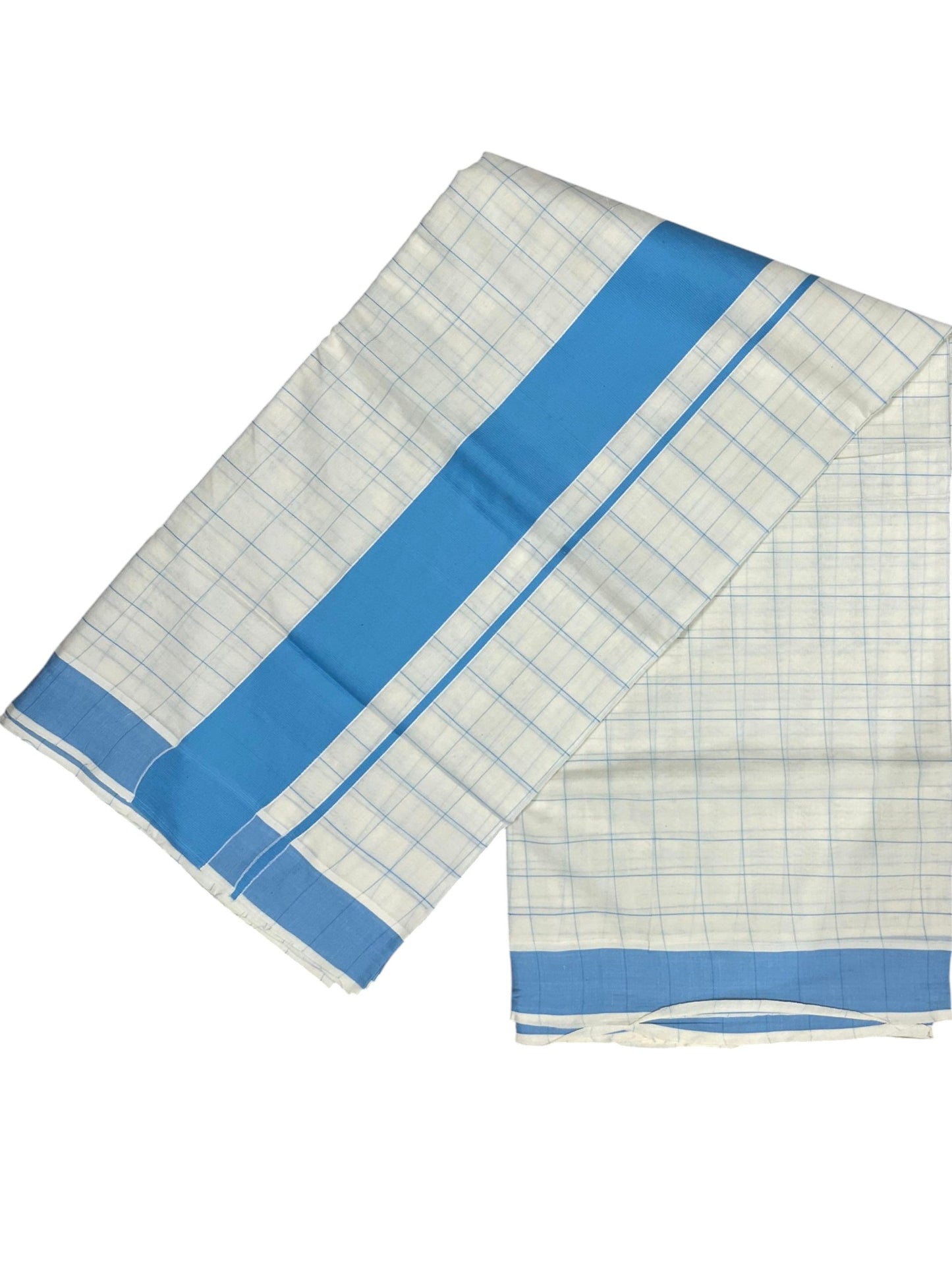 Southloom Pure Cotton Kerala Saree with Blue Check Designs Across Body