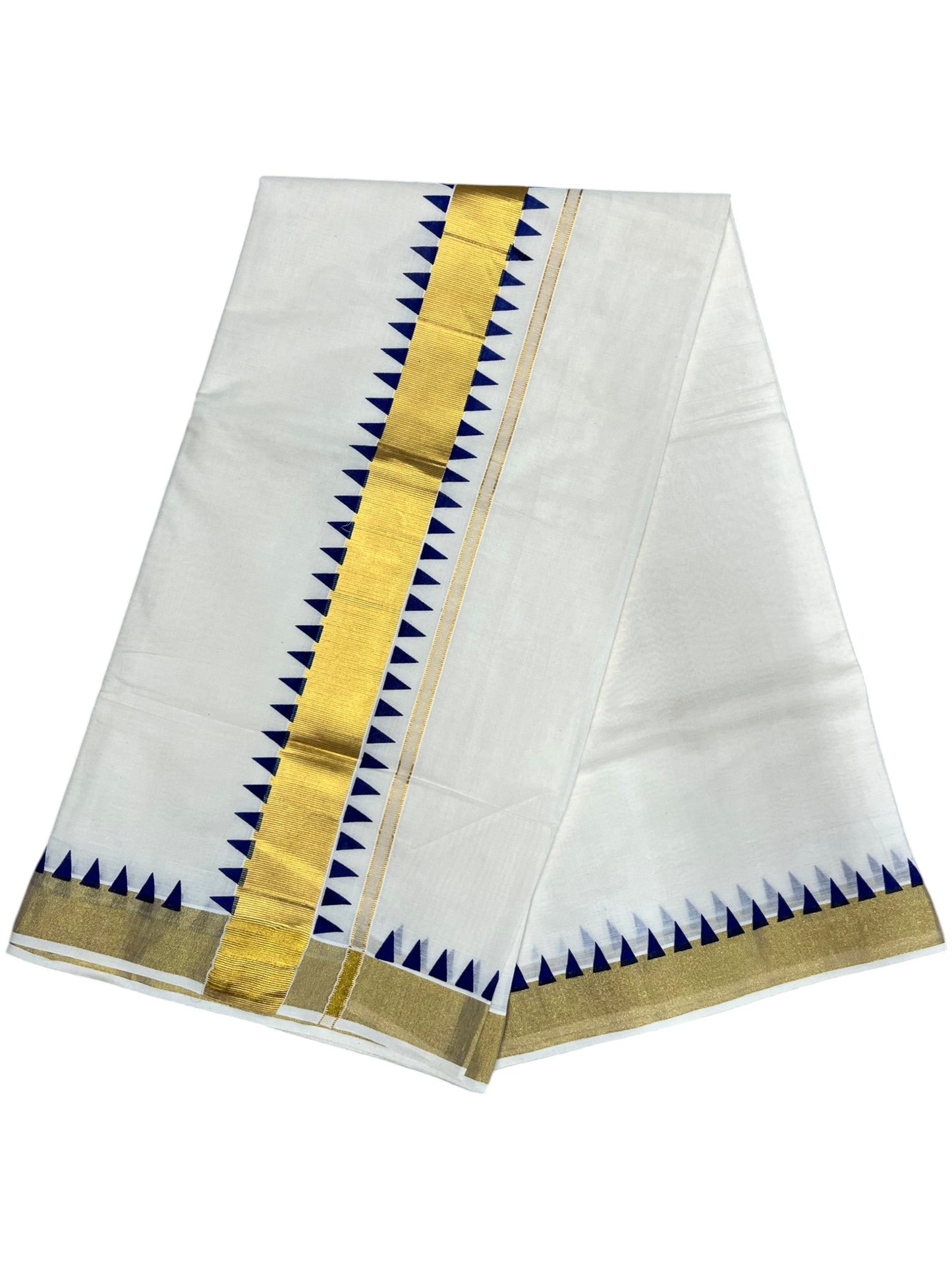 Southloom Cotton Kerala Kasavu Saree with Blue Tample Design Border