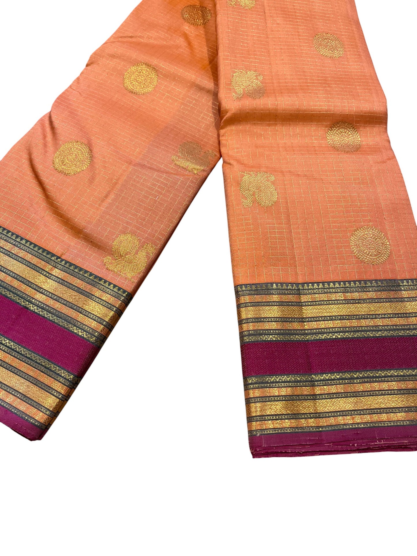Southloom Pure Handloom Bridal Kanchipuram Silk Saree with Korvai Work (Peach & Magenta)