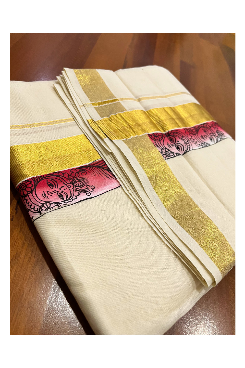 Kerala Pure Cotton Double Mundu with Mural Painted Design on Kasavu Border (South Indian Kerala Dhoti)